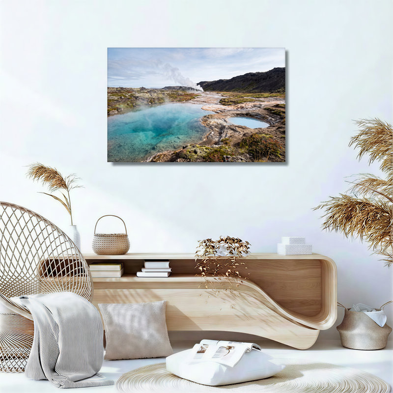 «Turquoise Geotheral Pool and Steam In Rugged Landscape», art mural sur toile, 24"H x 36"W