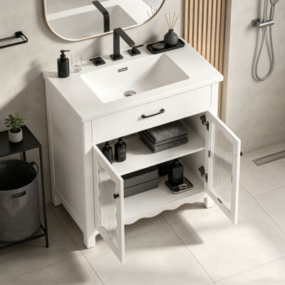 Meuble-lavabo blanc 31 po avec lavabo en céramique, meuble de rangement courbé autoportant avec portes en verre trempé, portes à fermeture douce et tablette réglable, meuble-lavabo moderne avec tiroir