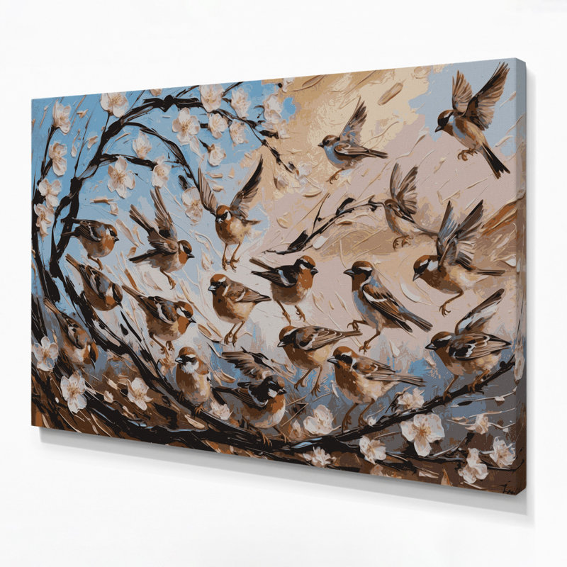 Oiseau, chant, moineau gris, art mural sur toile, H 24 po x l 36 po
