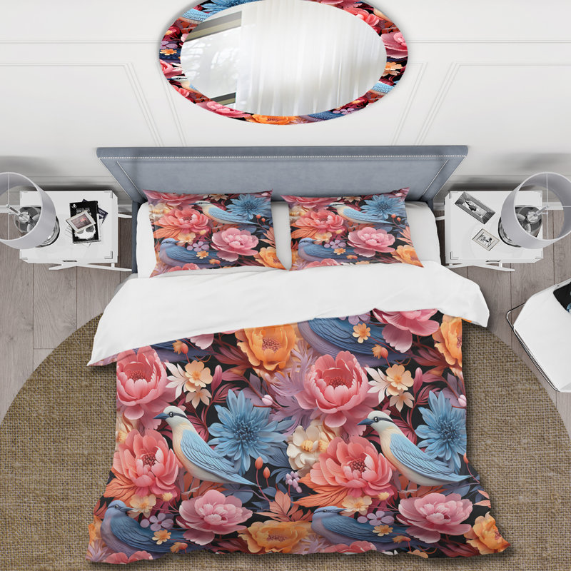 Harmonous Floral Vivid Tropical Birds I - Ensemble de housse de couette floral
