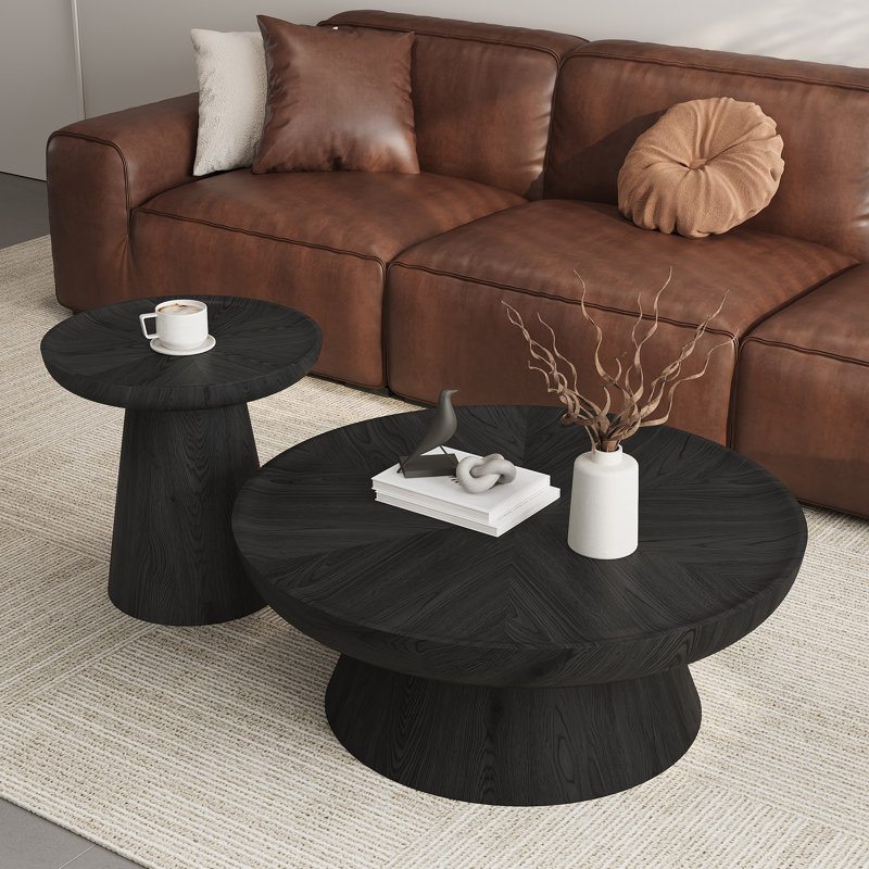 Table basse ronde en noyer rustique 35,43 po avec base conique épaisse, aucun assemblage requis, Noir
