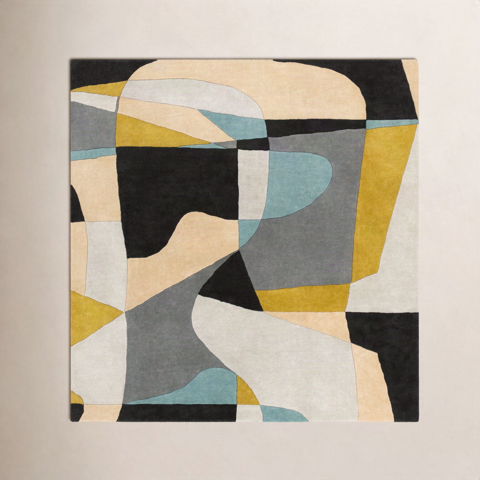 Gaye Gray Khaki Teal Hand-Tufted Geometric Rug, Square 8'