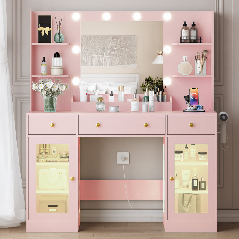 Meuble-lavabo rose de 47 po avec miroir DEL, armoire en verre RVB, prise de courant et 3 tiroirs, 3 modes d'éclairage, Rose