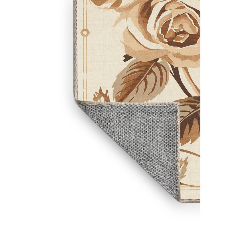Tapis à motif floral de style champêtre beige lavable à la machine - Reliure beige, 2 x 5