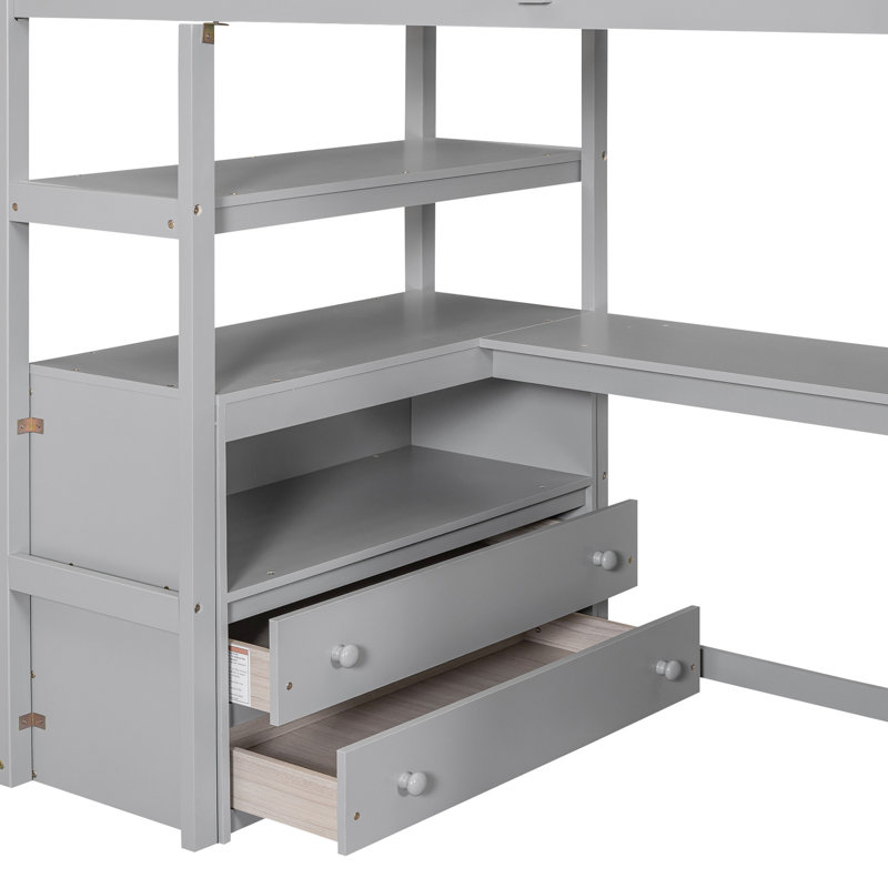 Lit mezzanine simple avec bureau, escalier de rangement et tablettes grises, tiroirs, Gris, Lit simple