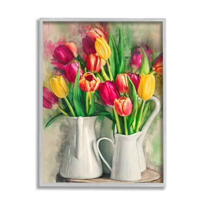 Assortiments de tulipes colorées dans des pichets de ferme par Ziwei Li - Peinture