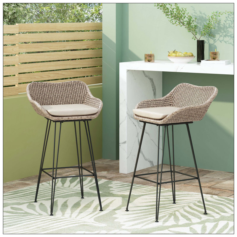 Tabourets de bar (ensemble de 2), matériau en rotin PE, finition tissée durable, apparence polyvalente et durable, s'harmonisant avec le décor extérieur