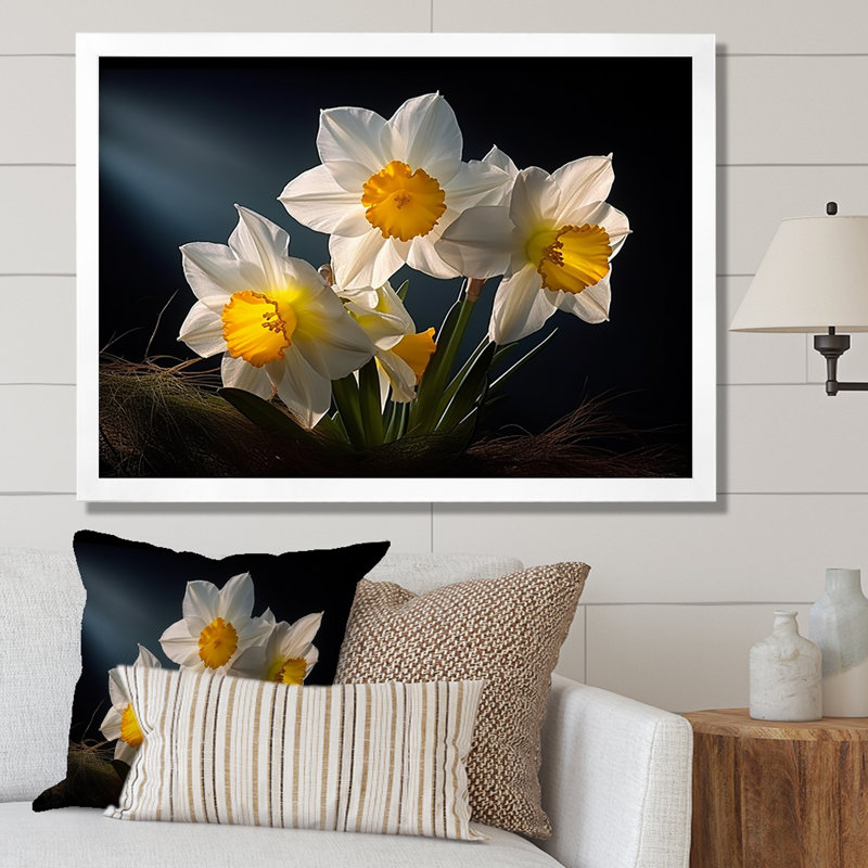 Fleur de jonquilles blanches et jaunes, H 24 po x l 32 po x P 1 po, Cadre simple blanc