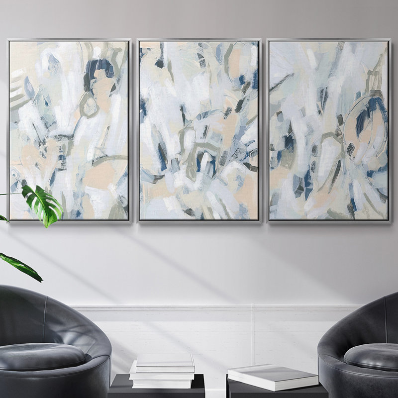 Blue Notes I, ensemble de 3 toiles encadrées, Argent, H 27 po x l 54 po