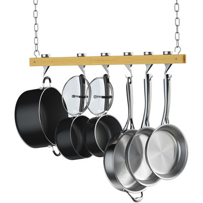 Cooks Standard Classic 36 Inch Hanging Pot Racks for Kitchen, Includes 6 Swivel Hooks, for Pot, Pan Storage, Natural Wood Track is Durable, Space Saving & Easy Installation

