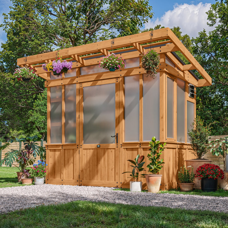 Backyard Discovery Poppy Cedar Wood Polycarbonate Greenhouse With Pergola Front And Powerport 2.7m X 1.7m (9ft X 6ft)