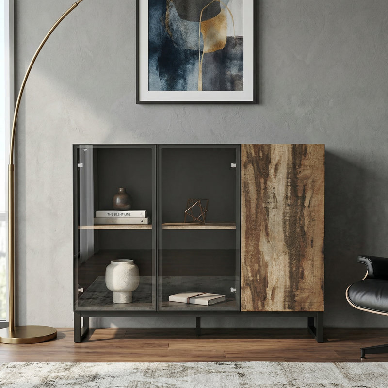 Buffet moderne de 47,2 po avec portes en verre, éclairage DEL 8 couleurs, port USB et conception sans poignée