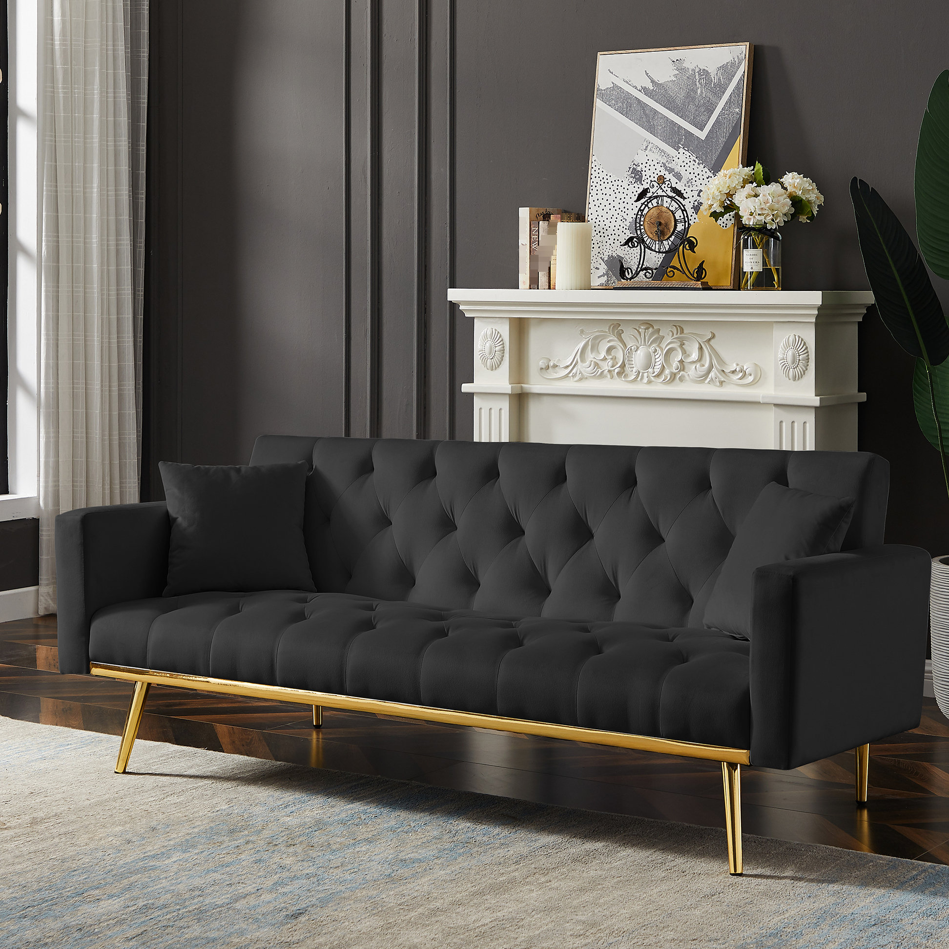 Latitude Run® Black Velvet Futon Bed, Convertible For Apartment, Back ...