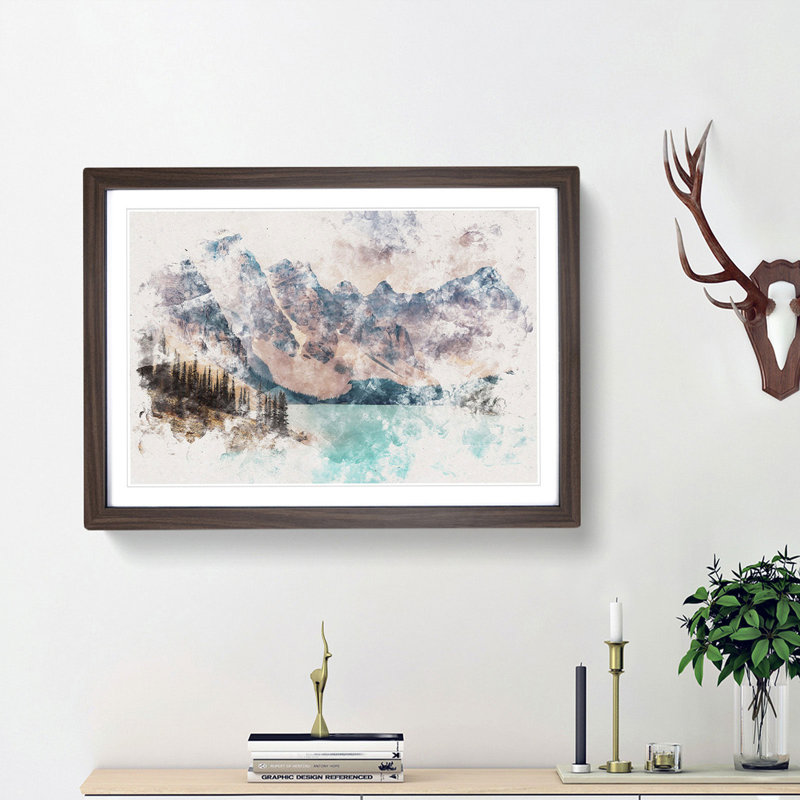 Mountains by Lake Moraine Canada - Framed Print, 62cm H x 87cm W x 2cm D, Walnut Framed