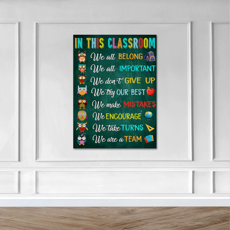«Owl Rules for Classroom - In This Classroom, We All Belong, We Are a Team», impression sur toile tendue