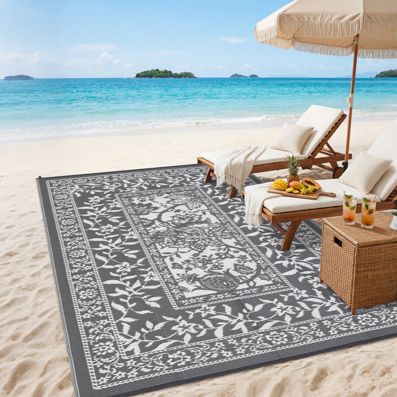 Reversible Floral Outdoor Rug Stain Resistant Waterproof UV Resistant Washable Lightweight Plastic Straw Mat for Patio Backyard Camping Beach