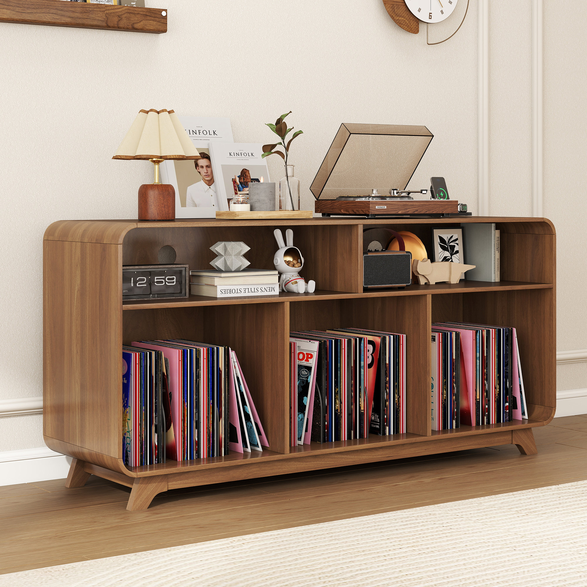 Large Record Player Stand With Charging Station & Usb Ports, Curved Vinyl Record Cabinet, Turntable Stand