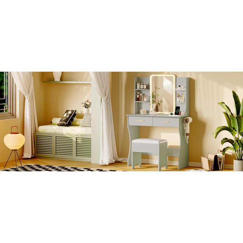 Ensemble de coiffeuse avec miroir à DEL Lacorsha, tabouret de bureau avec prise de courant, 2 tiroirs, 6 tablettes avec éclairage lumineux, 1 support pour sèche-cheveux