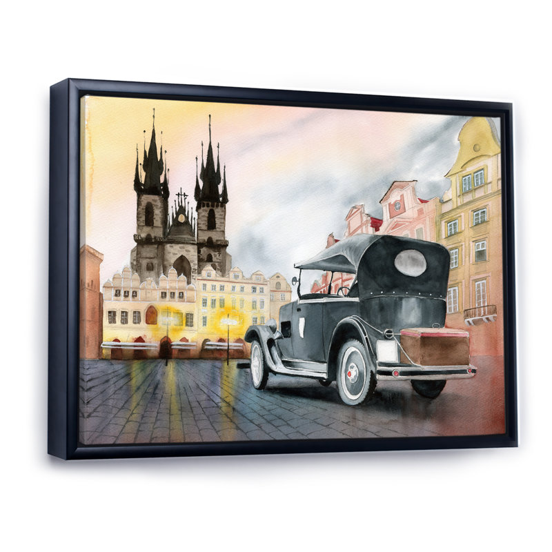 «Old Retro Car on the Old Town Square», reproduction d'art sur toile, Toile à cadre flottant noir, H 12 po x l 20 po
