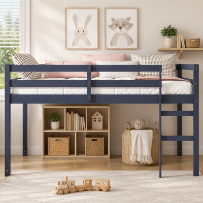 Lit mezzanine simple en bois massif et en bois d'hévéa avec échelle, plateforme de lattes renforcées