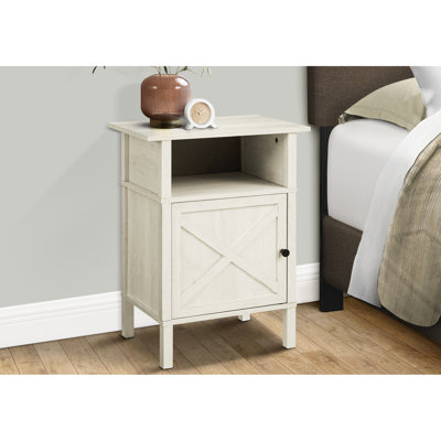 Table d'appoint transitionnelle pour petits salons, en stratifié chêne blanchi, avec placard intégré et rangement pratique, montage facile.