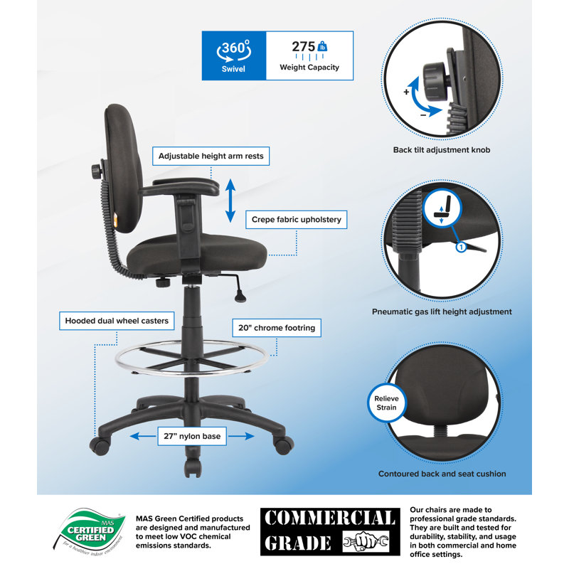 Black Ergonomic Fabric Drafting Stool with Adjustable Arms
