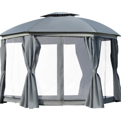 12' X Gazebo With Double Roof, Steel Frame, Grey, Netting Sidewalls And Curtains For Backyard Gathering Time Patio Parties Weddings