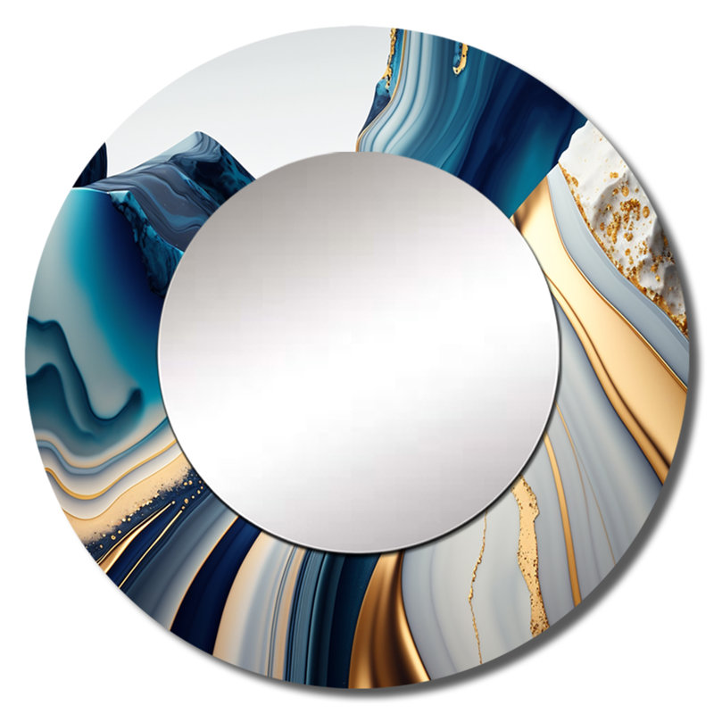 Pernia abstrait géométrique vagues bleues et dorées I - miroir abstrait, miroir mural rond unique moderne, art imprimé en métal