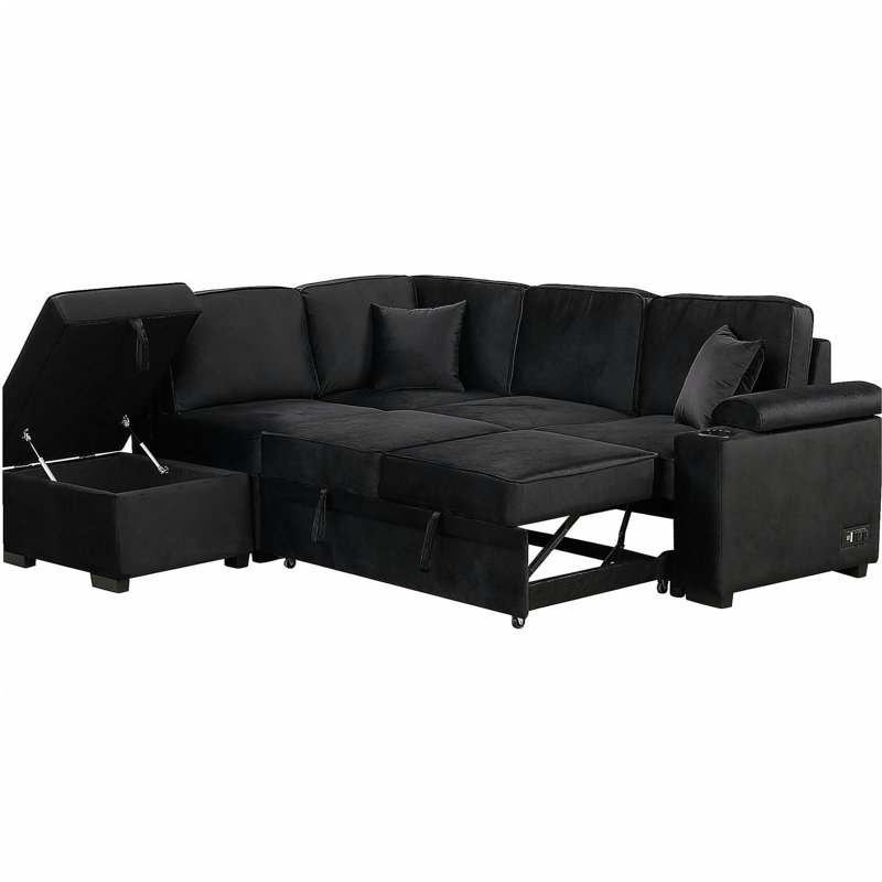 Canapé-lit de 84,75 po, canapé-lit coulissant 2 en 1 avec canapé en forme de L et repose-pieds avec rangement, adapté au salon, à la chambre à coucher et à l'appartement, noir
