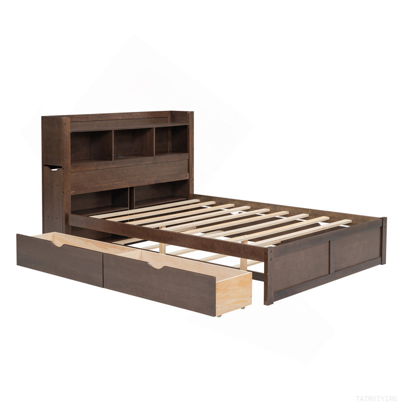Lit plateforme avec rangement et tablettes coulissantes, gigogne et 2 tiroirs, espresso