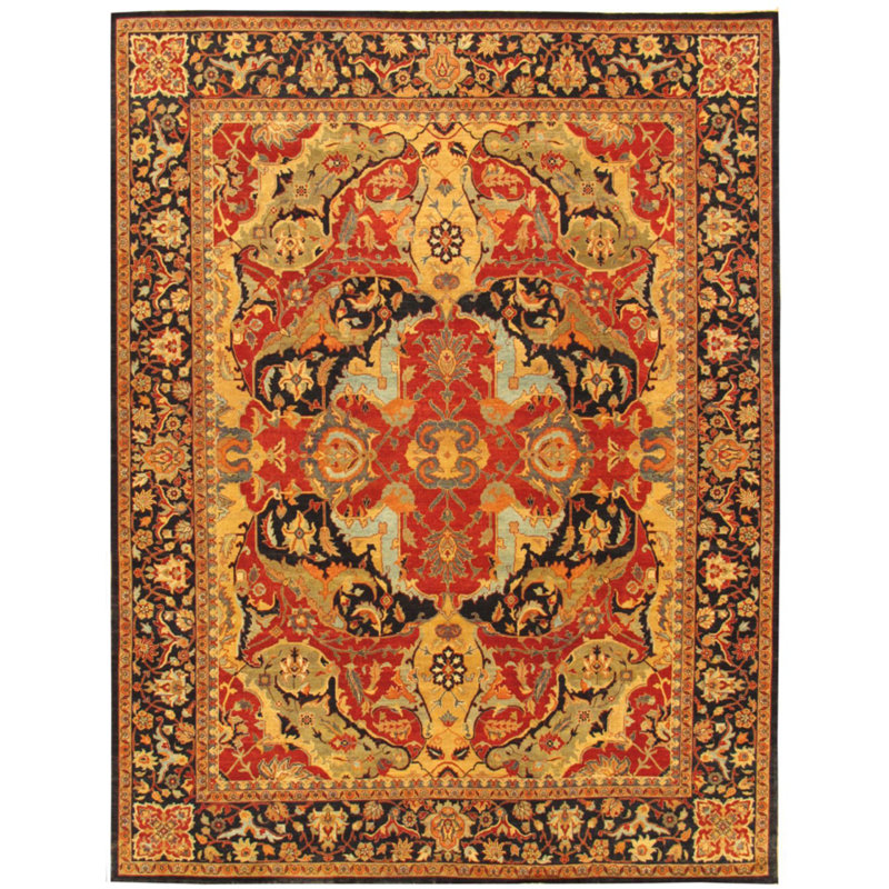 Hand-Knotted Rust Orange and Navy Wool Area Rug 2' x 3'