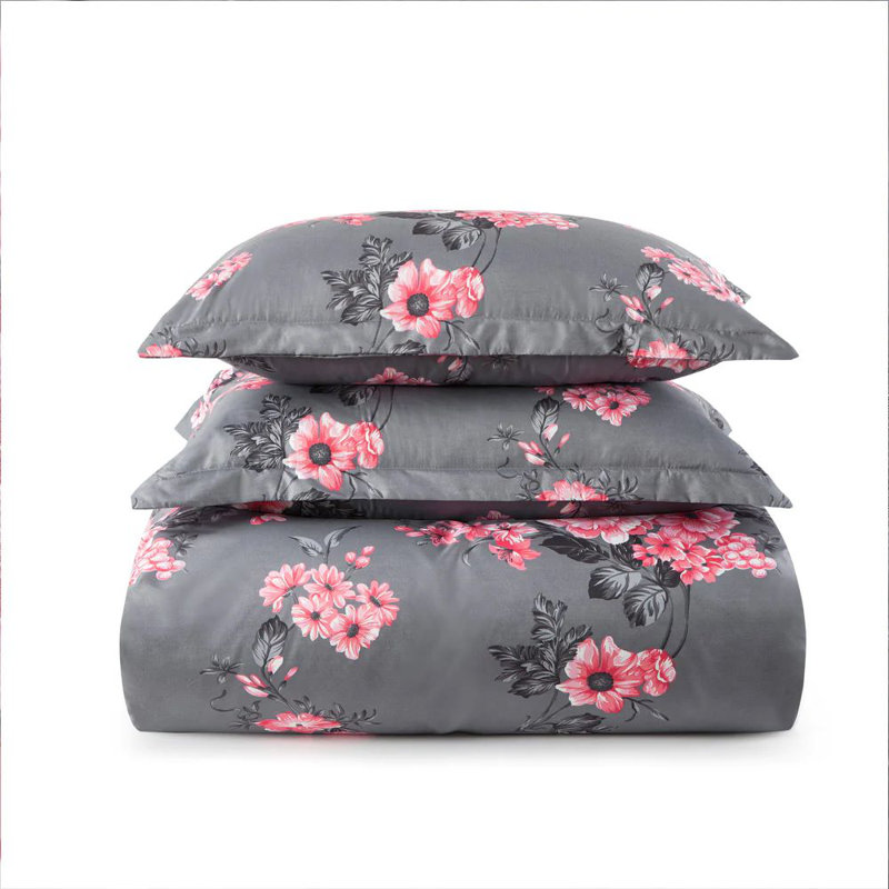 Microfiber Duvet Cover Set with Pillowcases Included, Pink/Grey Floral, 3, Double Duvet Cover Set + 2 Pillowcases