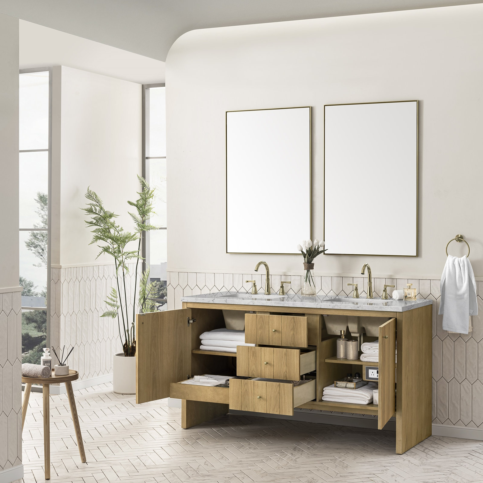 Hudson 60'' Double Bathroom Vanity, Eternal Jasmine Pearl, 8" Widespread, Light Natural Oak