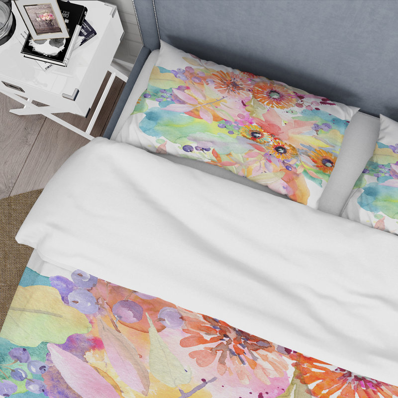 Vibrant Wild Spring Leaves and Wildflowers I - Ensemble de housse de couette traditionnel - Microfibre de polyester