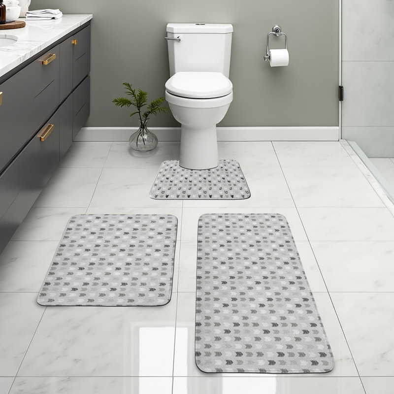  Tribal Bathroom Rug Set 3 Pieces U-Shape & Rectangle Mats Grey Pale Taupe and White