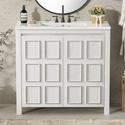 Meuble-lavabo de salle de bain avec lavabo en céramique, armoire de rangement 2 portes
