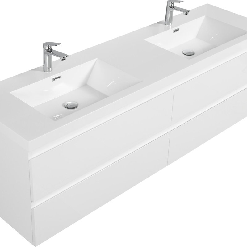 Meuble-lavabo de salle de bain avec 4 tiroirs à fermeture en douceur, Blanc lustré