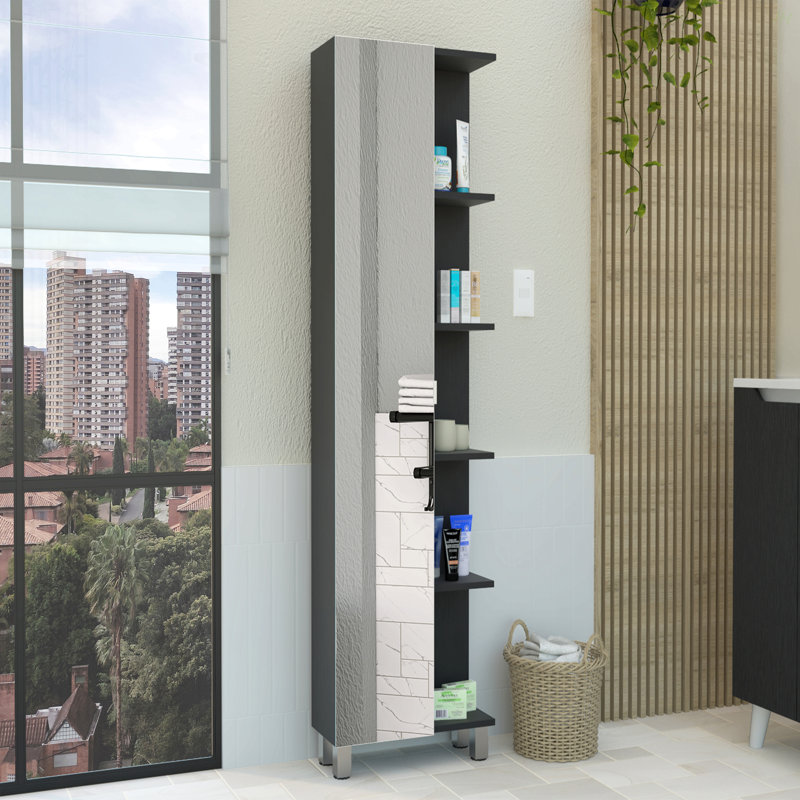 Armoire à linge en miroir, quatre tablettes intérieures, cinq tablettes extérieures, Noir