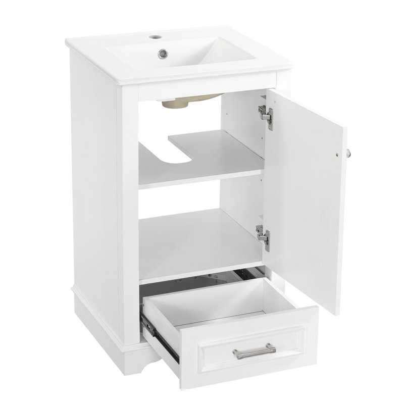 Meuble-lavabo avec lavabo en céramique, porte fermante et tablette ajustable, Blanc