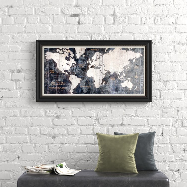 Ancienne carte du monde bleue Mehdi ‑ reproduction imprimée sur toile encadrée