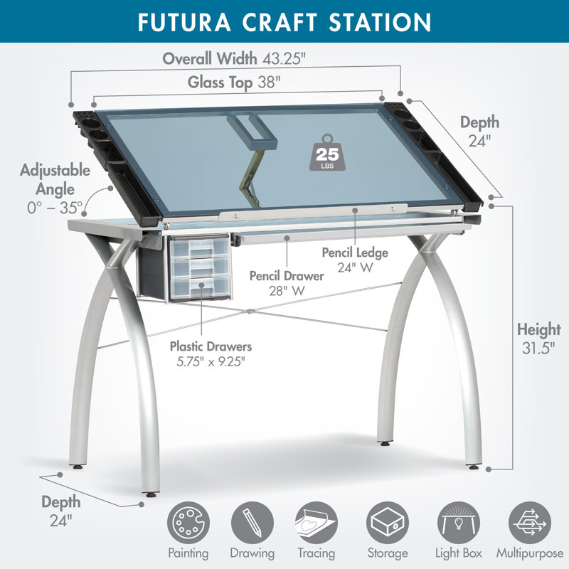 Futura Metal and Glass Artist Craft Table, Silver / Blue Glass