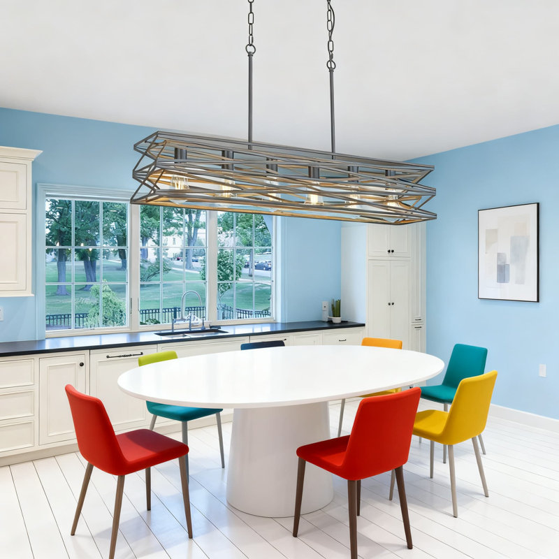 Grand lustre de style campagnard rectangulaire de 40 pouces à texture rétro en bois avec 6 lumières suspendues industrielles noires mat pour salle à manger et îlot de cuisine