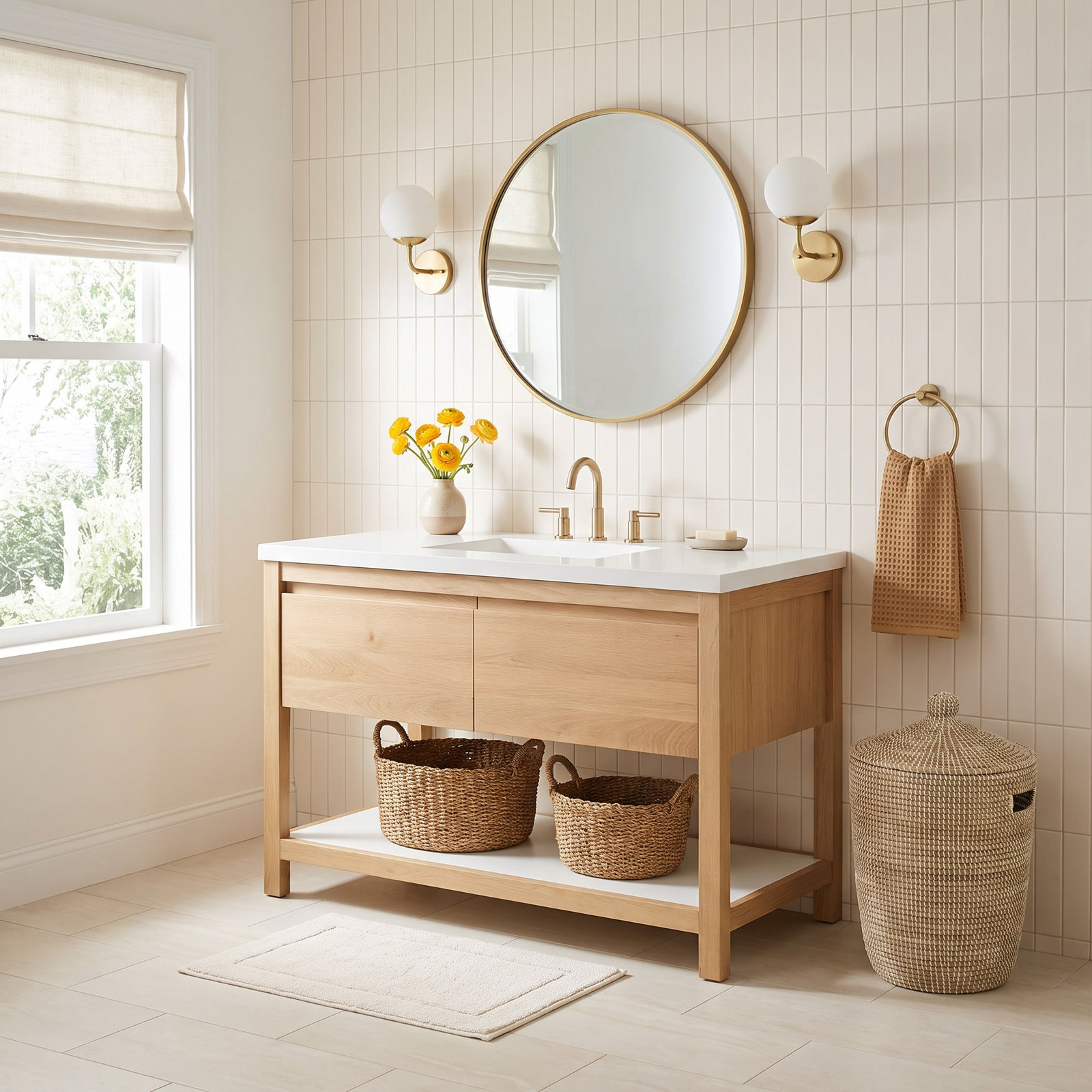 Solace 49" Oak Single Bathroom Vanity, Pearl, Sunrise Oak
