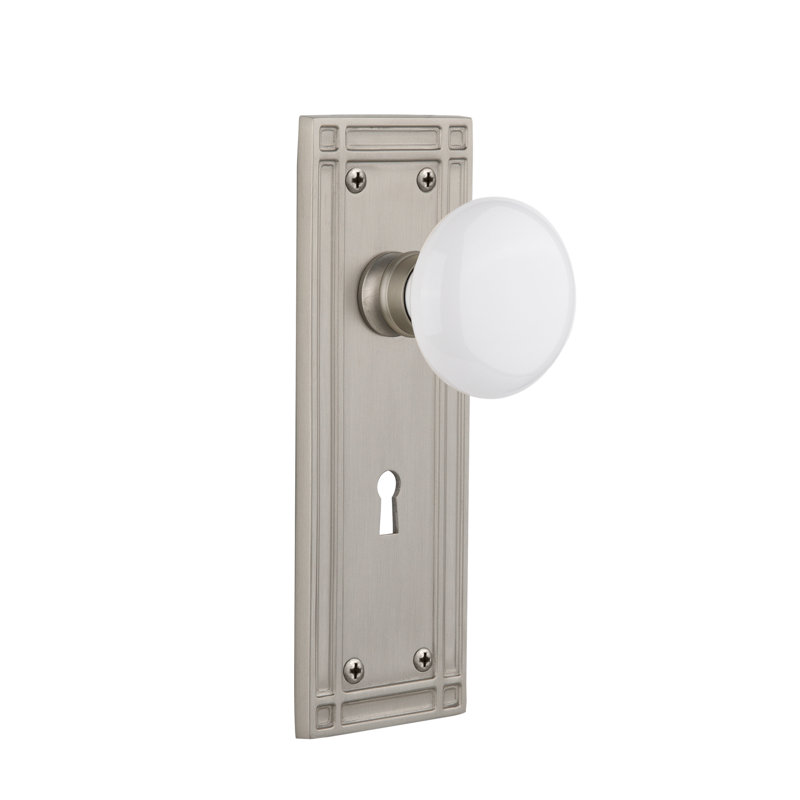 White Porcelain Interior Mortise Door Knob with Mission Long Plate, Satin Nickel