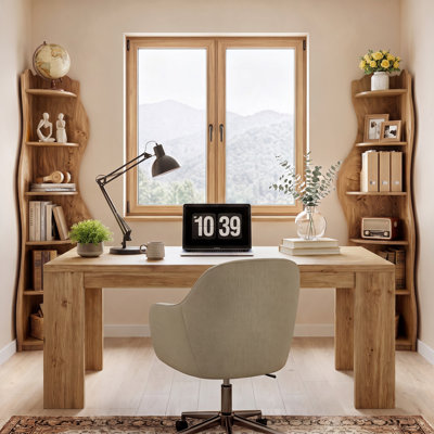 63" Executive Desk & 2 Wavy Corner Shelves Bookcase Combo, Home Office Storage Furniture Set