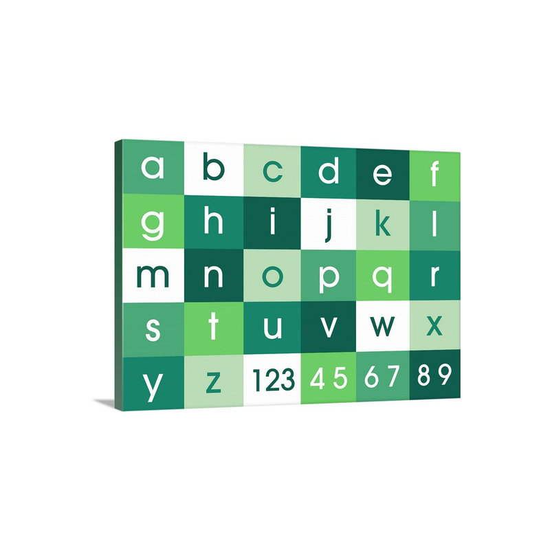«Alphabet» par Justin, art textuel en vert, H 18 po x l 24 po x P 1,25 po, Toile