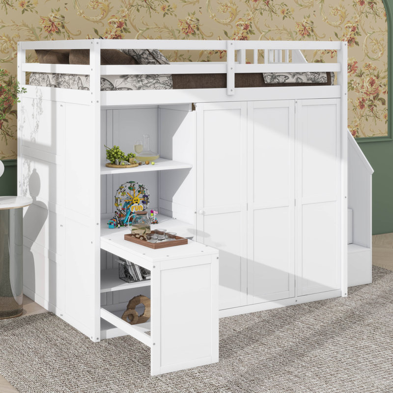 Lit double avec placard intégré, bureau et étagère, Blanc