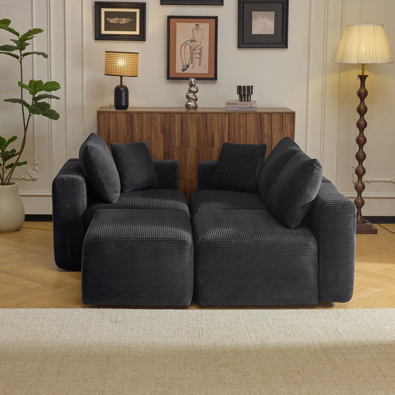 110''W Corduroy Modern  Compressed Block Couch With Plush Cushions, Black