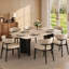 Table de salle à manger 63 po rectangulaire avec plateau en travertin, table de cuisine avec base en bois noir et métal, table robuste pour 4 à 6 personnes pour petits appartements, cuisine, salle à manger