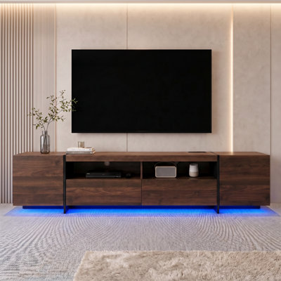Meuble télé 80 po pour téléviseur de 85 po ou moins, meuble télé avec armoires de rangement, éclairage DEL et prises de courant intégrées pour le salon, brun rustique 